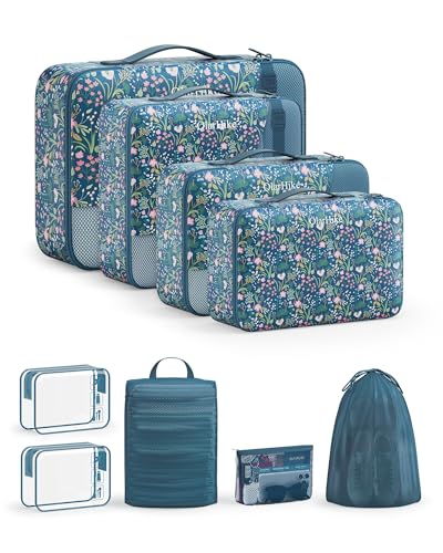 9 Set Packing Cubes for Travel, Gifts for Women Mom,Anti-Tearing Suitcase Organizer,OlarHike Vacation Essentials & Accessories for Cruise Ship - color: 10 Dark Blue Floral