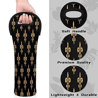 Golden Fleur-de-lis Wine Carrier Tote Bag 750ML Insulated Neoprene Wine Bag Tote Holder Covers Beer Champagne Bottle Protective Travel Or Gift Bag