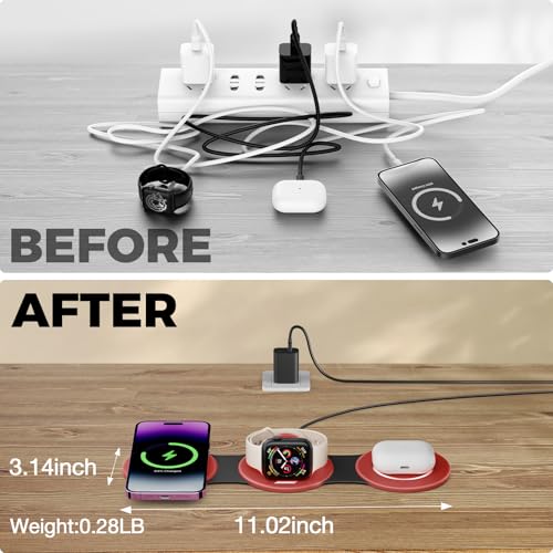 Hicober 3 in 1 Wireless Charging Station for Apple Watch and iPhone Air 17 16 15 14 13 12 Pro Max/Plus, Magnetic Foldable Wireless Travel Charger Station Stand for Airpods iWatch All Series Dark Red - color: Dark Red