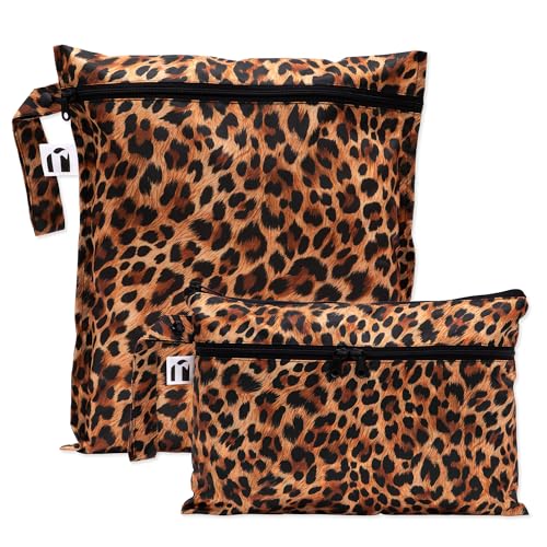 Bumkins Roamio Waterproof Wet Bag & Wet/Dry Clutch Set – Reusable Travel Organizers for Swim, Beach, Gym, Baby Gear, Cloth Diapers, Pump Parts, Pool, Toiletries – Machine Washable, Leopard 2-Pack - color: R-Leopard Print, 2pc