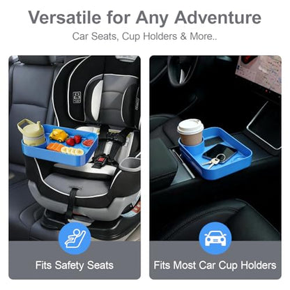 Car Seat Snack Tray for Toddlers - 3 Inch Cup Holder Fits Most Sippy Cups & Straw Bottles with Dip Well, Mess-Free Square Kids Travel Tray Road Trip Essentials, Blue - color: Blue