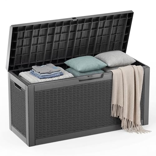 EasyUp 70 Gallon Deck Boxes Outdoor Waterproof, Resin Outside Storage Box for Patio Cushion Furniture Pool Accessories Garden Tools Indoor Outdoor Storage Bench (70 Gallon, Black) - color: Black, size: 70 Gallon
