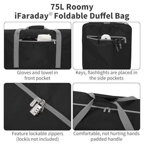 iFARADAY Foldable Duffel Bag 30 inch 75L Large Lightweight Luggage for Travel Camping Storage-Black - color: Black-75L(with shoulder strap)