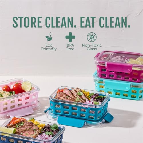 Ello Duraglass 3.4 Cup Meal Prep Sets 10Pc, 5 Pack Set- Glass Food Storage Container with Silicone Sleeve and Airtight BPA-Free Plastic Lids, Dishwasher, Microwave, and Freezer Safe, Evening Orchard - color: Evening Orchard