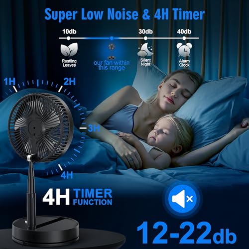 LIPETY Portable Foldable Oscillating Fan - 8.6" 8000mah Rechargeable Battery Operated USB C Small Fan with Remote Quiet Table Desk Fan Folding Standing Pedestal Fan for Rome Office Camping Travel - color: black