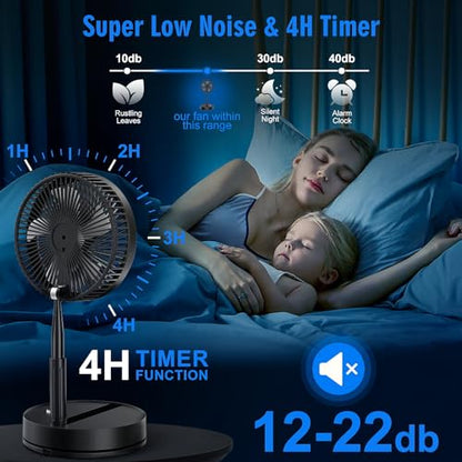 LIPETY Portable Foldable Oscillating Fan - 8.6" 8000mah Rechargeable Battery Operated USB C Small Fan with Remote Quiet Table Desk Fan Folding Standing Pedestal Fan for Rome Office Camping Travel - color: black
