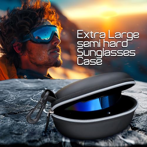 MyEyeglassCase Sports Sunglasses Case and Slim wallet Semi hard large glasses case w/belt clip soft pouch & cloth - color: B701 XL Black/Grey