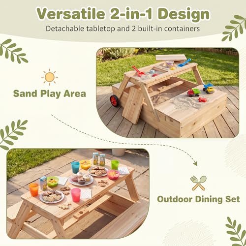 HONEY JOY Kids Picnic Table with Sandbox, Fir Wood Toddler Outdoor Table & Chair Set w/Wheels, Removable Umbrella & Sensory Bin, Children Convertible Outdoor Furniture for Backyard Patio Garden (Blue)