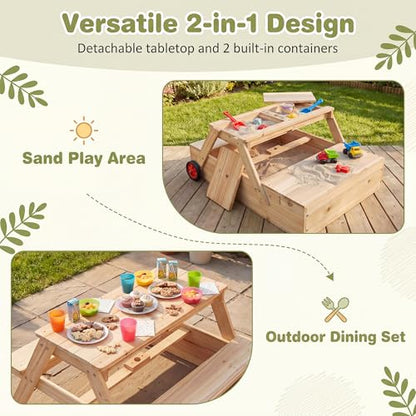 HONEY JOY Kids Picnic Table with Sandbox, Fir Wood Toddler Outdoor Table & Chair Set w/Wheels, Removable Umbrella & Sensory Bin, Children Convertible Outdoor Furniture for Backyard Patio Garden (Blue)