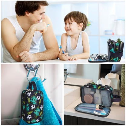 Kids Toiletry Bag for Boys, Travel Toiletry Bag for Little Young Boys Waterproof Hanging Wash Bag Toddler Traveling Toiletries, Soccer Balls Black - color: Black Soccer