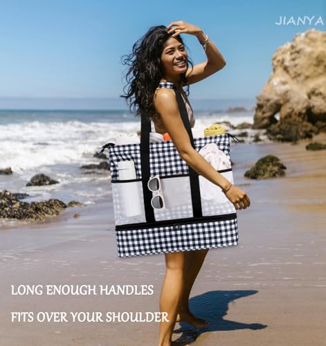 JIANYA Beach Bag Women Waterproof Sandproof Beach Tote Bags with Cooler Top Zipper Large Totes for Pool Travel Daily - color: Black Checked Pattern