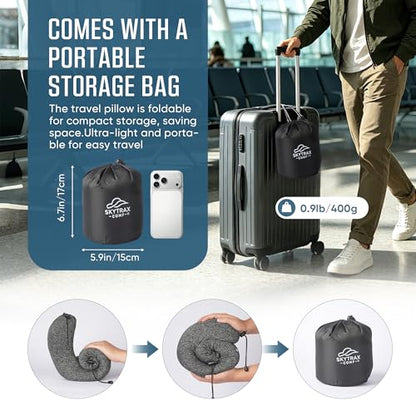 SkytraxComf® Travel Neck Pillow with Hood for Privacy on Long Flights | Memory Foam | Airplane Sleep | Safety-Tested Materials | Extra Large Hood | Chin Support | Earplugs | Washable Cover - color: Grey