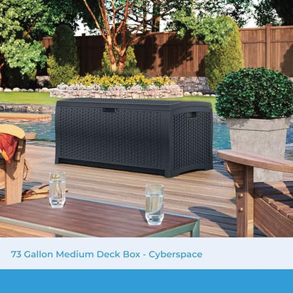 Suncast Outdoor Storage Box - 73 Gallon Cyberspace Resin Wicker Deck Box with Lockable Lid, Outdoor Storage Bin for Patio Cushions, Shoes, Pool & Garden Gear, Made in USA - style: Deck Box (Cyberspace)