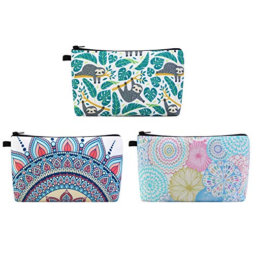MAGEFY Makeup Bag 3 Styles Portable Travel Cosmetic Bag for Women Flower Patterns Small Toiletry Bag Sloth Gifts for Women Makeup Pouch with Black Zipper Pouch (3 packs) - color: 3 packs