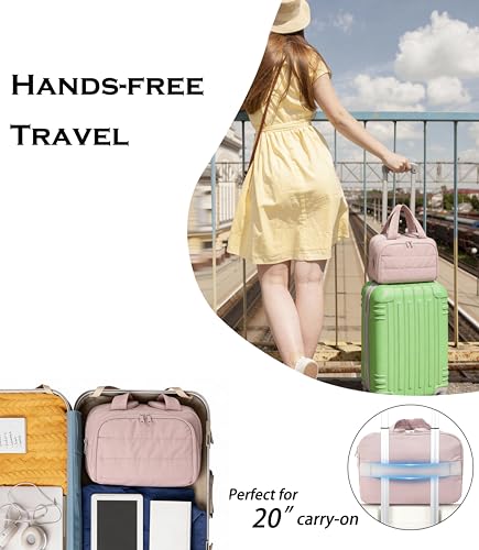 Travel Toiletry Bag for Women, Large Wide-open Puffy Cosmetic Makeup Bag with Wet-Dry Separation, Multi-Pocket Organizer with Carry Handle for Toiletries, Cosmetics, Essentials, Light Pink - color: Light Pink