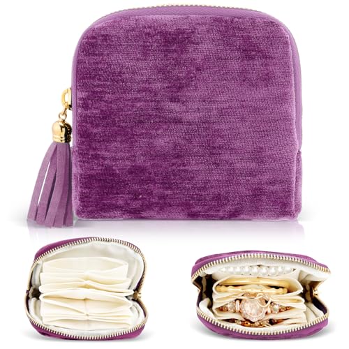 Travel Jewelry Case Organizer Small Jewelry Pouch Bags for Women Velvet Compartments Zipper Pouch for Bracelet Earring Ring Holder Jewelry Organizer Storage Bag Christmas Birthday Gift for Mom Wife G - color: Ah-light purple