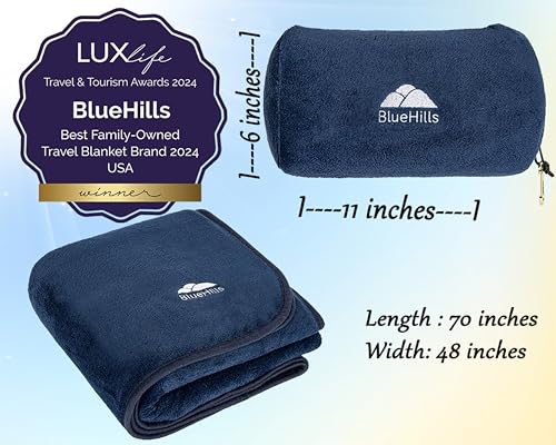 BlueHills Travel Blanket Pillow Rolled Premium Soft Plush Airplane Throw Traveling Essential Gift Compact in a Bag 70 X 48 inches Long Plane Flight Portable Lightweight Navy Blue R04 - color: R04-navy Blue
