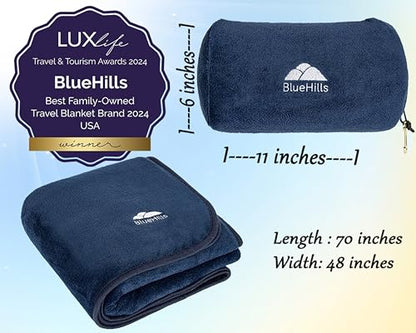 BlueHills Travel Blanket Pillow Rolled Premium Soft Plush Airplane Throw Traveling Essential Gift Compact in a Bag 70 X 48 inches Long Plane Flight Portable Lightweight Navy Blue R04 - color: R04-navy Blue