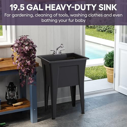 Freestanding Utility Sink with Stainless Steel Gooseneck Faucet - 24" Plastic Utility Sink for Garage, Laundry, Indoor and Oudoor Use - Laundry Tub Kit by Noah William Home - Black (19.5 gal) - color: Black - Gooseneck faucet