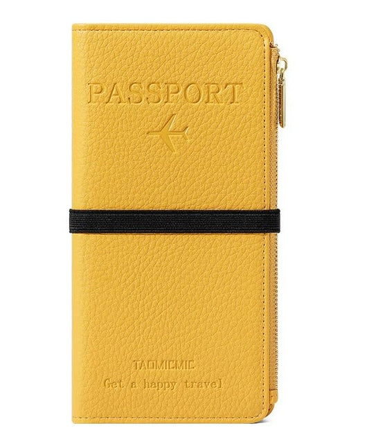 DOB SECHS Leather Passport Holder, RFID Blocking Passport Wallet Credit Cards Case for Women, Travel Accessories Organizer Pouch Bag with ID Window+Zippered Cash Pocket+SIM Slots, Yellow - color: Yellow-1