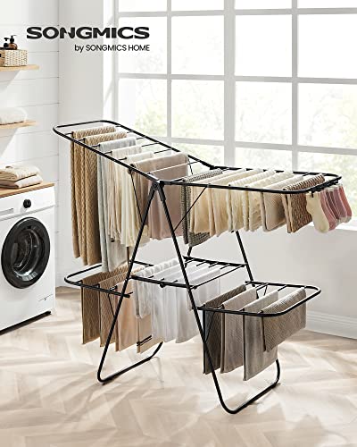 SONGMICS Clothes Drying Rack, Foldable 2-Level Laundry Drying Rack, Free-Standing Laundry Airer, with Height-Adjustable Wings, 33 Drying Rails, Sock Clips, Black ULLR053B01V1 - color: Black, size: 2 Tiers（22"d x 61.8"w x 64.3''h )