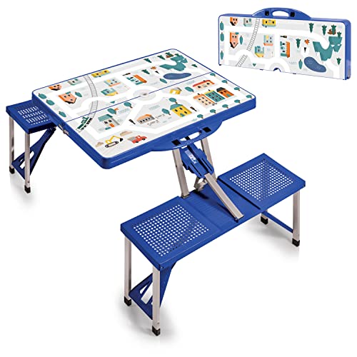 Picnic TIME Portable Folding Picnic Table with Seats for 4, Collapsible Aluminum Table with Benches & Umbrella Hole, Lightweight Foldable Table for Camping, Travel, Backyard, Tailgating | with Umbrella Hole - color: Play Town - Blue