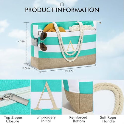 YOOLIFE Large Initial Beach Bag Waterproof Tote Zipper Bag Personalized Gifts for Women Her Birthday Travel Beach Essential - color: Light Blue, style: M