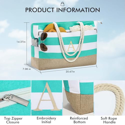 YOOLIFE Large Initial Beach Bag Waterproof Tote Zipper Bag Personalized Gifts for Women Her Birthday Travel Beach Essential - color: Light Blue, style: R
