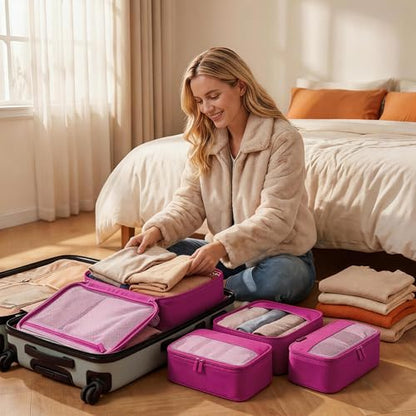 4 Piece Compression Packing Cubes for 3–7 Day Travel, Space Saving Travel Organizers with Breathable Mesh, Double-Zipper Packing Cubes for Carry-On & Suitcases (Red) - color: Red