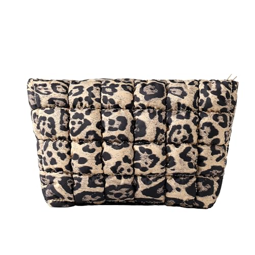 Puffy Quilted Makeup Bag for Women, Cosmetic Bag, Travel Toiletry Organizer Pouch Clutch (Brown Leopard) - color: Brown Leopard