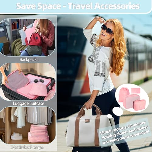 10 Pcs Set Packing Cubes - Travel Packing Organizers, Expandable Suitcase Organizer, Luggage Organizer Bags - color: PINK