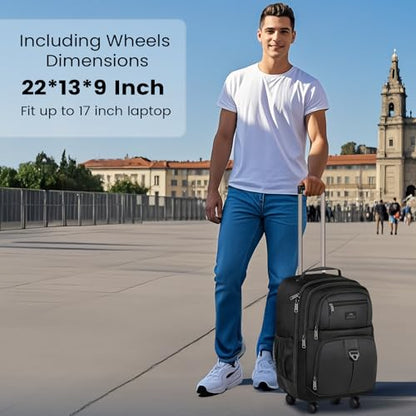 MATEIN Rolling Backpack with 4 Wheels, 17 inch Water Resisatnt Roller Spinner Backpack for Men, Large Busines Travel Wheeled Bag, Airline Approved Carry on Luggage Suitcase Bag, Black - color: Black, size: 17 inch