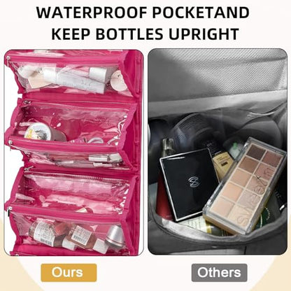 ROYALFAIR Roll Up Makeup Bag, Waterproof Toiletry Bag for Women, Hanging Travel Organizer bags with Jewelry Organizer Compartment, Extra Large 4 Clear TSA Approved Pouches Cosmetic Makeup (pink) - color: Pink