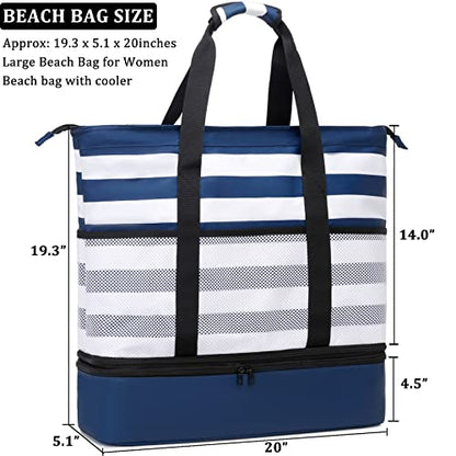 JIANYA Beach Bag Women Waterproof Sandproof Beach Tote Bags with Cooler Top Zipper Large Totes for Pool Travel Daily - color: Grey Stripes