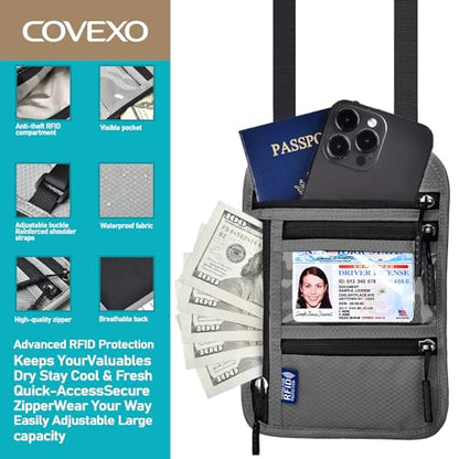 Neck Wallet for Travel, RFID Blocking Passport Holder - Slim Travel Pouch with Adjustable Strap | Holds Phone, Cards, Cash, Documents | Water-Resistant & Secure for Men & Women - color: Dark Grey