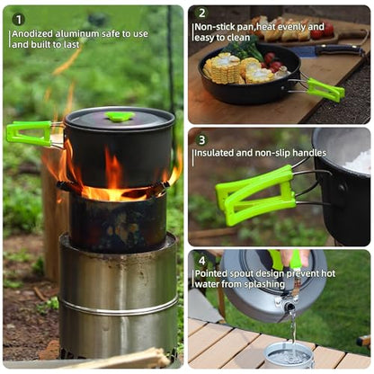 aiGear 3pcs Camping Cooking Set for 1-2 People, Lightweight Foldable Pot Pan Kettle with Storage Bag, Backpacking Cooking Set for Hiking Picnic Camping - color: Green