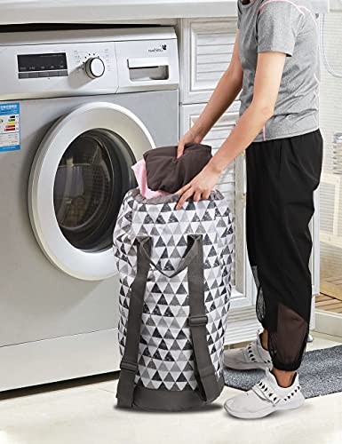 Dalykate Backpack Laundry Bag, Laundry Backpack with Shoulder Straps and Mesh Pocket Durable Nylon Clothes Hamper Bag with Drawstring Closure for College, Travel, Laundromat, Apartment - color: Triangle Grey