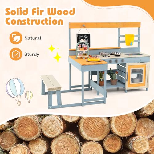 HONEY JOY Mud Kitchen & Kids Picnic Table, 2 in 1 Fir Wood Play Kitchen w/Built-in Bench, Blackboard, Water Box, Sink, Dessert & Cookware, Outdoor Kitchen Playset for Backyard