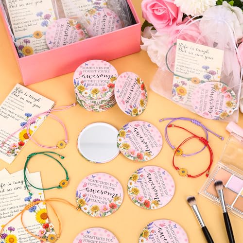 24 Sets Mothers Day Bulk Gifts - Inspirational Compact Mirror with Sunflower Bracelet Cards Mini Pocket Mirror for Appreciation Volunteer Admin Employee Teacher Nurse