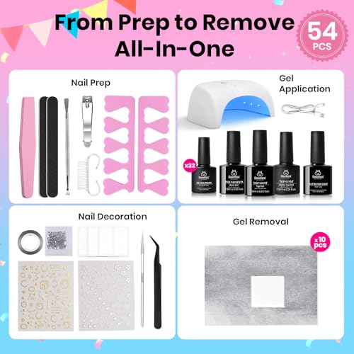 Beetles Gel Nail Polish Kit with U V Light -54 Pcs Gel Nail Kit Four Seasons Glow 32 Colors Set with Everything Base Top Coat Soak Off at Home Nail Kit Salon Manicure Beginner Gifts for Women Girls - color: 0 - 32 colors Four Seasons Glow