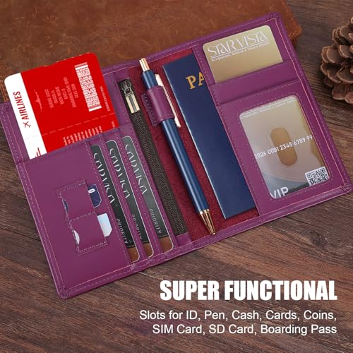 STAR VISTA Phoenix Leather Passport Holder, Calfskin Travel Wallet - RFID Blocking, ID Window, Zipper Pocket, Pen & Notebook Included, Violet - color: Violet Calfskin