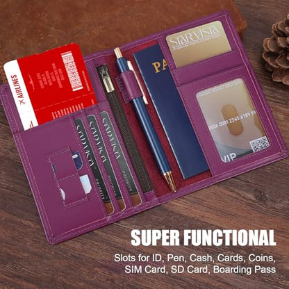 STAR VISTA Phoenix Leather Passport Holder, Calfskin Travel Wallet - RFID Blocking, ID Window, Zipper Pocket, Pen & Notebook Included, Violet - color: Violet Calfskin
