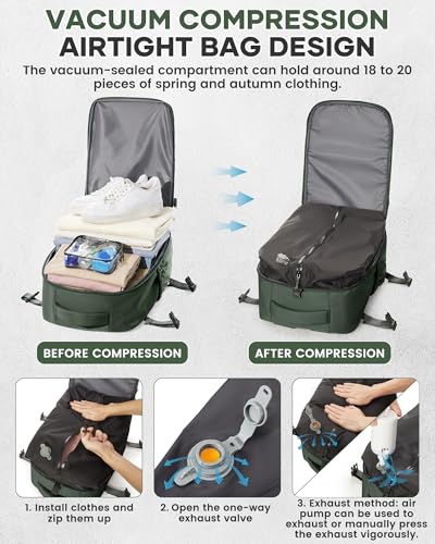 BOXSAM Large Vacuum Travel Backpack with Pump for Women, Personal Item Carry on Backpacks Flight Approved 18x14x8 inches for Men,Laptop Waterproof Work Compression bags Casual Daypack,BrownGreen - color: Browngreen