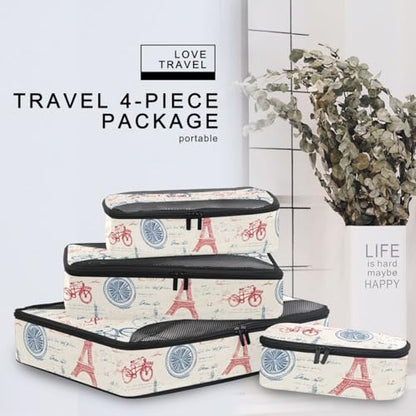 Vintage French Pattern Compression Packing Cubes for Travel Luggage Suitcase Packing Organizers Bags Carry On Lightweight 4 Set
