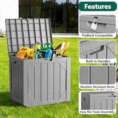 Outdoor Storage Box - 30 Gallon Waterproof Resin Deck Box, Lockable Patio Storage Bench for Package Delivery, Cushions & Garden Tools, UV Resistant (Grey)