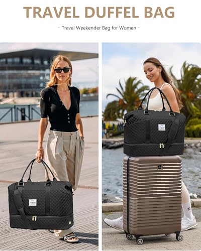 Womens Weekender Travel Overnight Bag: Carry On Bag with Shoe Compartment | Duffle Bags, Carry On Bag with Wet Pocket, Yoga Gym, Travel Bags with Toiletry Bag, Trips Hospital Bags Black - color: 1-Black, size: Large