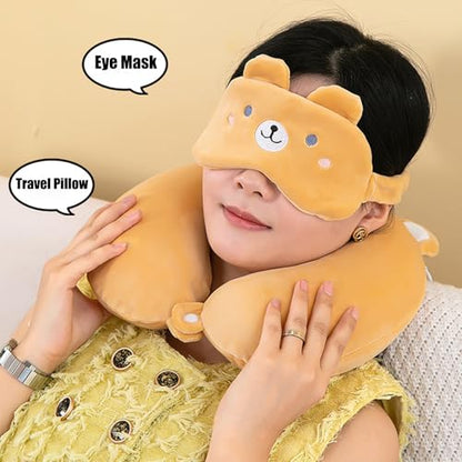 Kids Neck Pillow for Travel with Sleep Eye Mask, Cute Travel Neck Pillow, Memory Foam Flight Sleeping Headrest Pillow for Boys & Girls, Airplane, Train, Car, Home Use - Brown Bear - color: Brown Bear