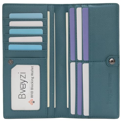 Bveyzi Ultra Slim Thin Leather RFID Blocking Credit Card Holder Bifold Clutch Wallets for Women - color: Lake Blue
