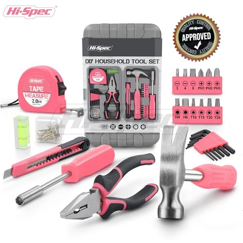Hi-Spec Tool Set 25pc Pink Household DIY Tool Kit for Women. Small Mini Tool Box Set of Starter Basic Ladies Tools - color: Pale Pink, size: 25 Piece
