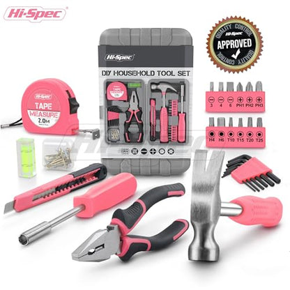Hi-Spec Tool Set 25pc Pink Household DIY Tool Kit for Women. Small Mini Tool Box Set of Starter Basic Ladies Tools - color: Pale Pink, size: 25 Piece